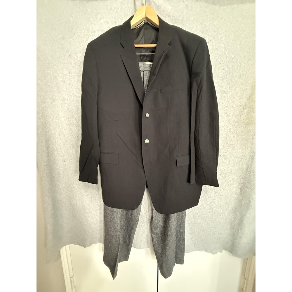 Calvin Klein Suit Mens 48L 42x34 Black Gray Wool 2 Piece Jacket Pants Classic